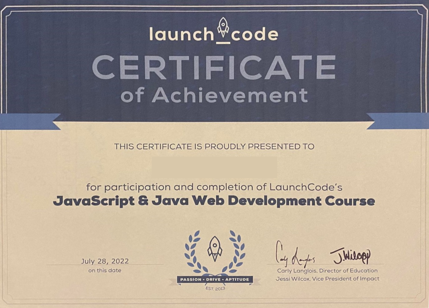 Javascript and Java Web Development Certificate of Achievement from Launchcode